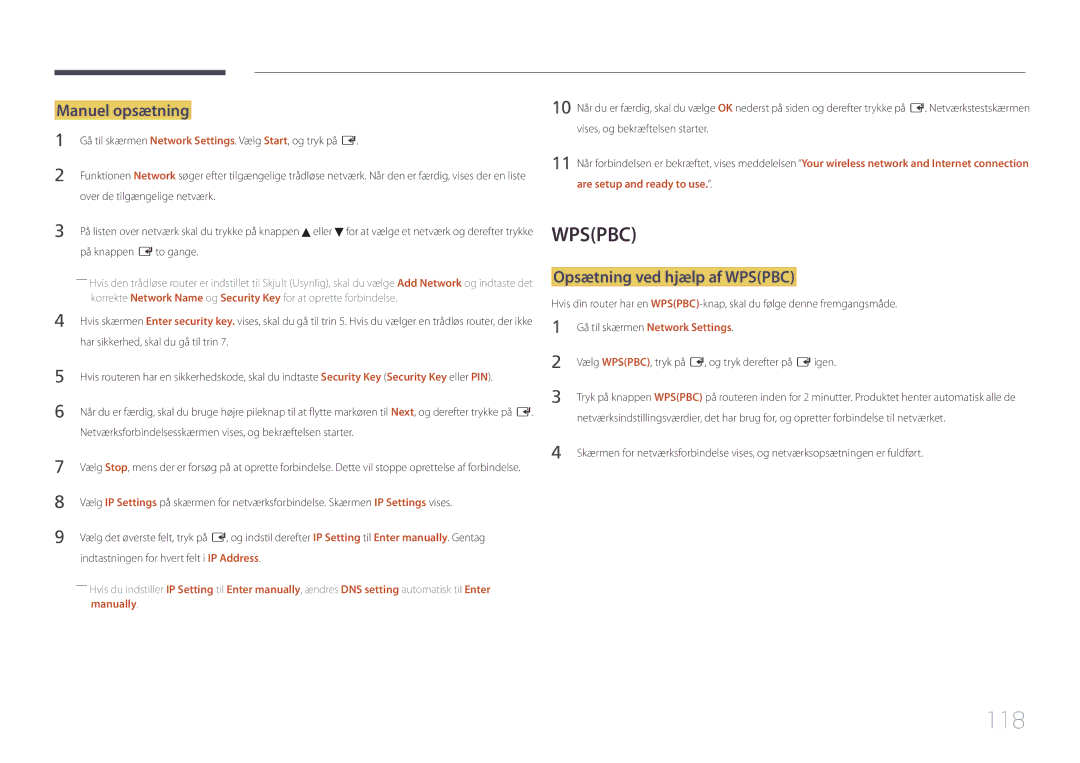 Samsung LH95MECPLBC/EN manual 118, Manuel opsætning, Opsætning ved hjælp af Wpspbc, På knappen E to gange 