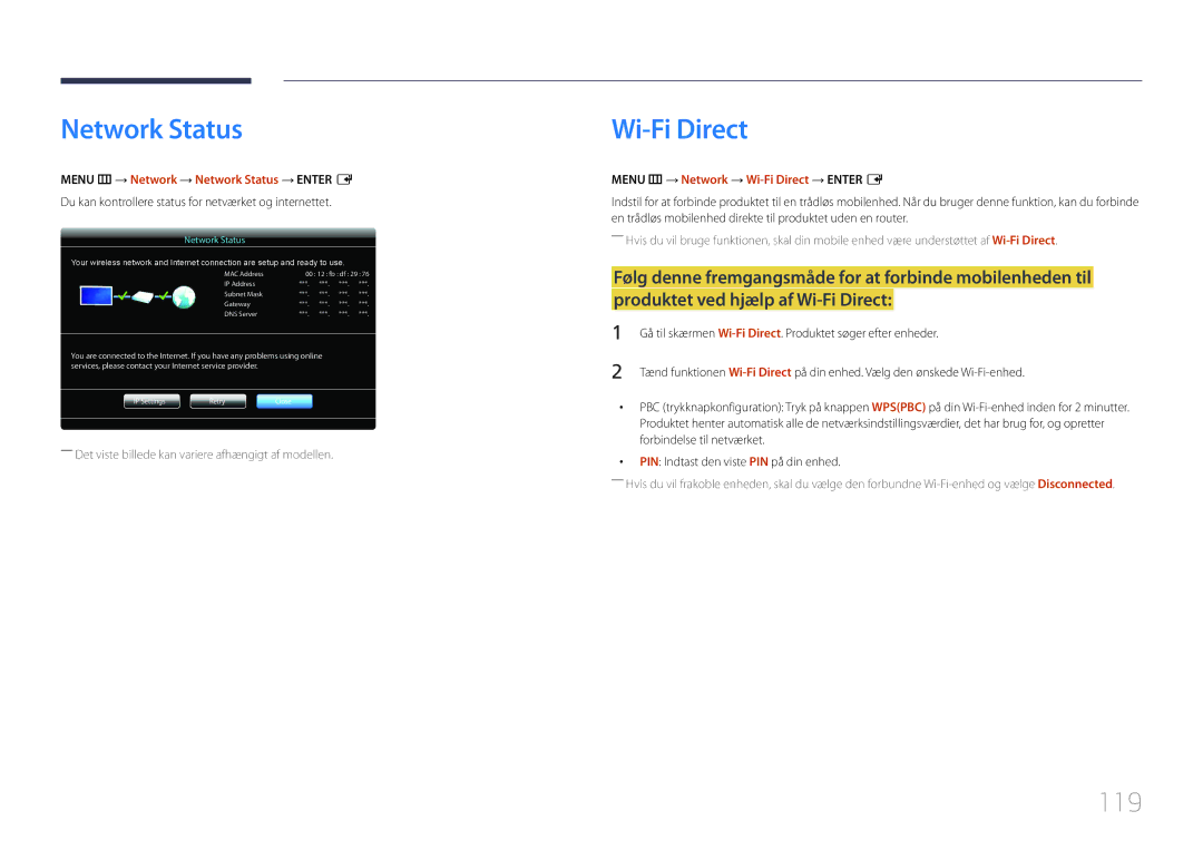 Samsung LH95MECPLBC/EN manual Wi-Fi Direct, 119, Menu m → Network → Network Status → Enter E 