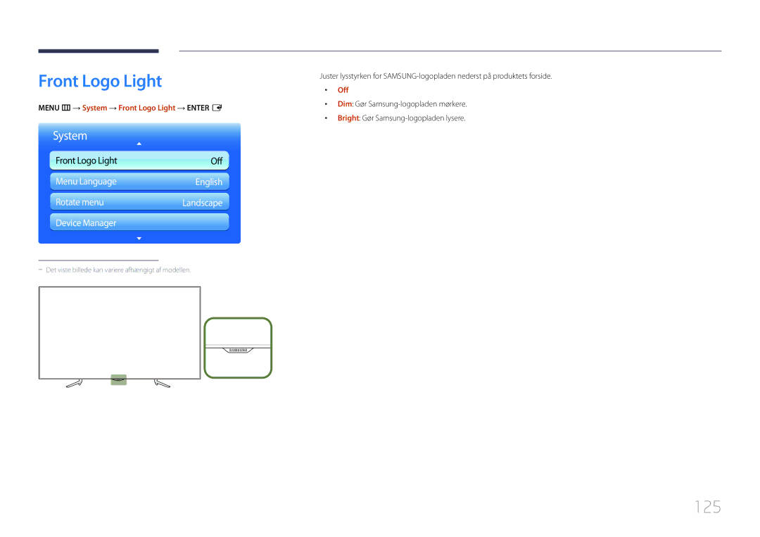 Samsung LH95MECPLBC/EN manual 125, Menu m → System → Front Logo Light → Enter E 