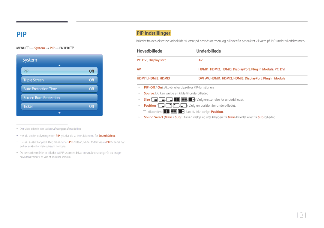 Samsung LH95MECPLBC/EN manual 131, PIP Indstillinger, Hovedbillede Underbillede, MENUm → System → PIP → Entere 