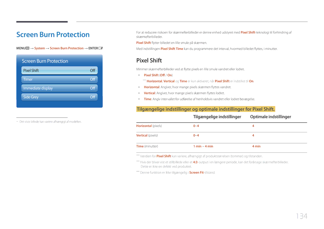 Samsung LH95MECPLBC/EN manual Screen Burn Protection, 134, Pixel Shift, Optimale indstillinger 