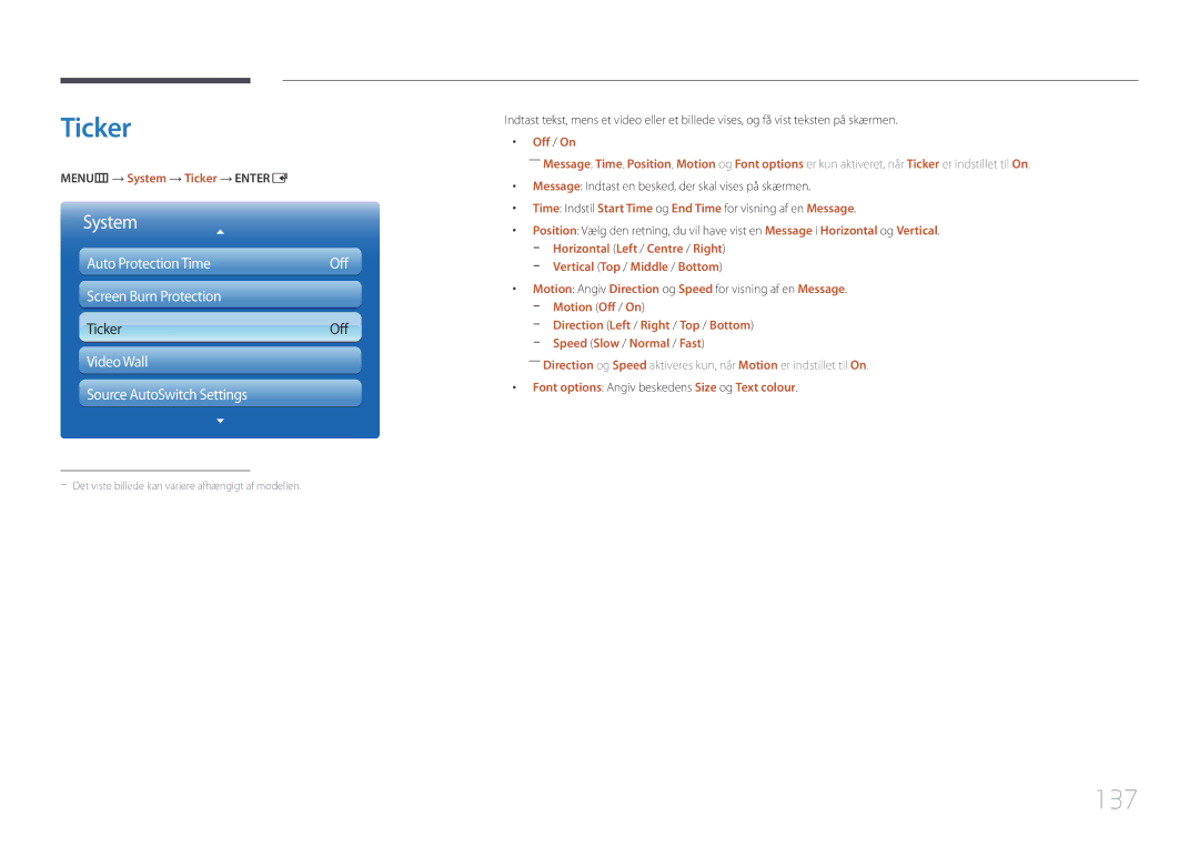 Samsung LH95MECPLBC/EN manual 137, MENUm → System → Ticker → Entere, Vertical Top / Middle / Bottom 