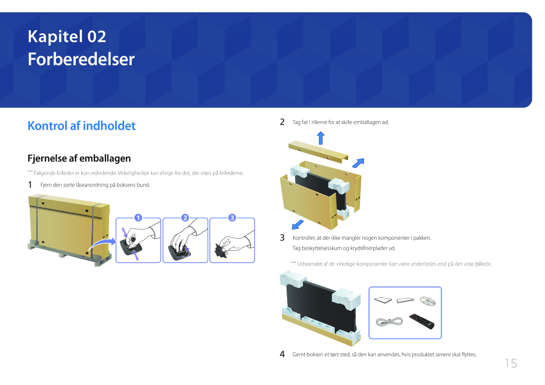 Samsung LH95MECPLBC/EN manual Forberedelser, Kontrol af indholdet, Fjernelse af emballagen 