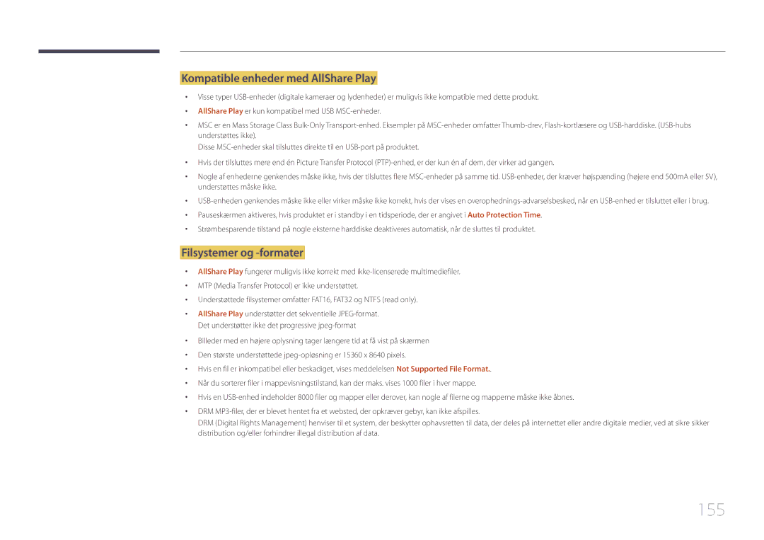 Samsung LH95MECPLBC/EN manual 155, Kompatible enheder med AllShare Play, Filsystemer og -formater 
