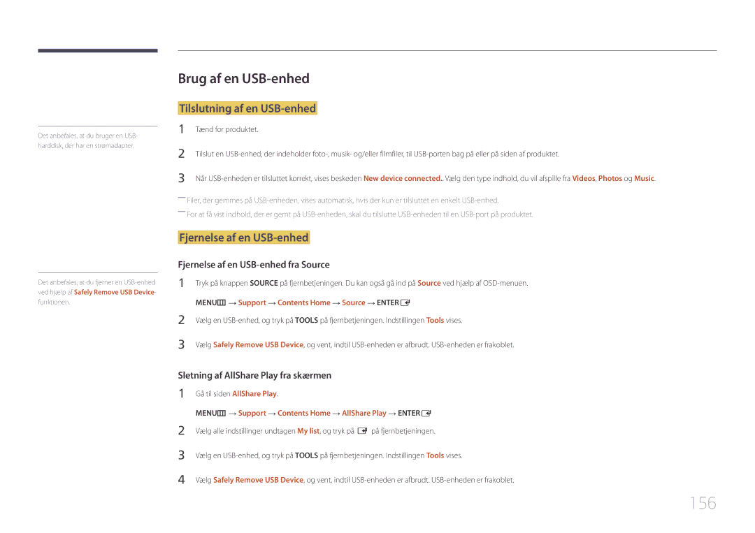 Samsung LH95MECPLBC/EN manual 156, Brug af en USB-enhed, Tilslutning af en USB-enhed, Fjernelse af en USB-enhed 