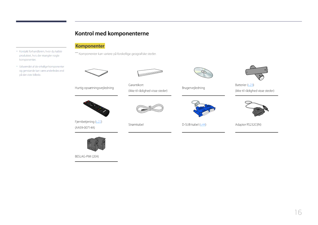 Samsung LH95MECPLBC/EN manual Kontrol med komponenterne, Komponenter 