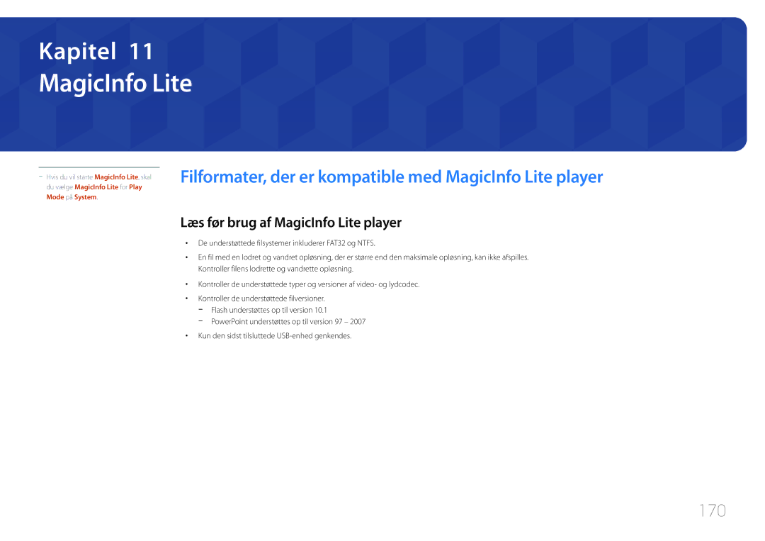 Samsung LH95MECPLBC/EN manual 170, Læs før brug af MagicInfo Lite player 