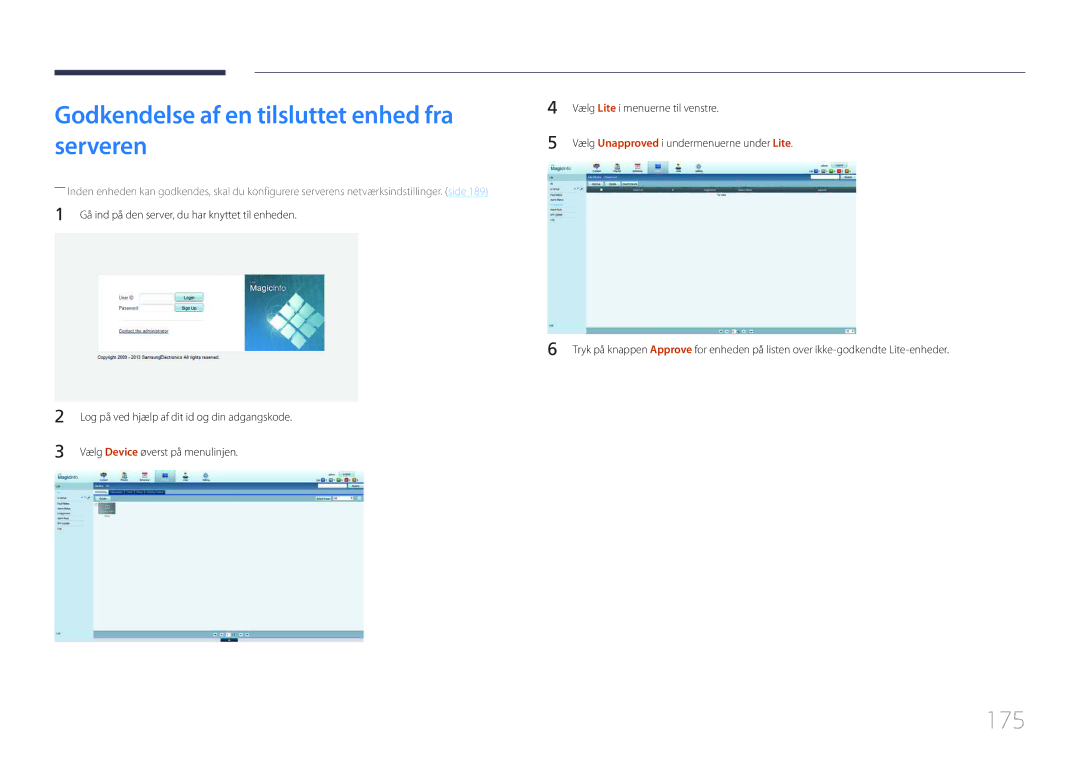 Samsung LH95MECPLBC/EN manual Godkendelse af en tilsluttet enhed fra serveren, 175, Vælg Device øverst på menulinjen 
