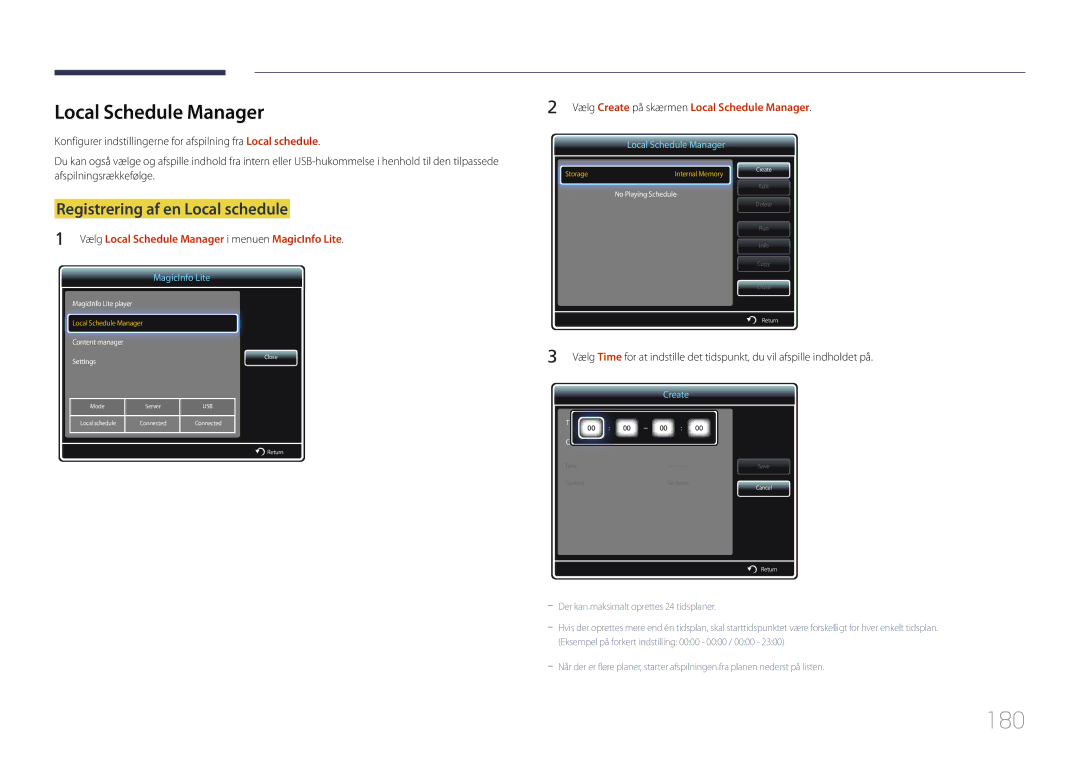 Samsung LH95MECPLBC/EN manual 180, Local Schedule Manager, Registrering af en Local schedule 