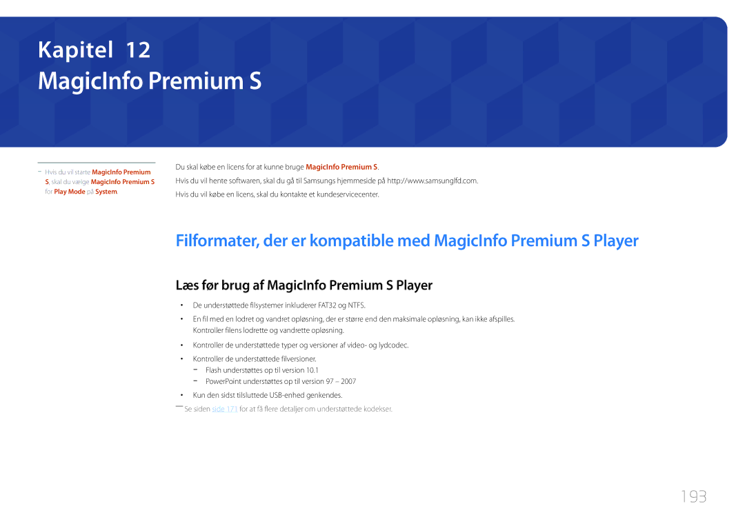 Samsung LH95MECPLBC/EN manual 193, Læs før brug af MagicInfo Premium S Player 