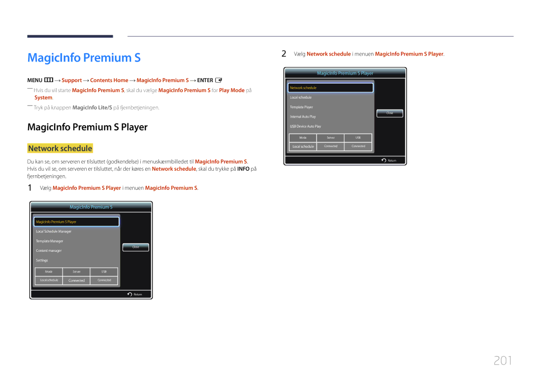 Samsung LH95MECPLBC/EN manual 201, MagicInfo Premium S Player, Menu m Support Contents Home MagicInfo Premium S Enter E 