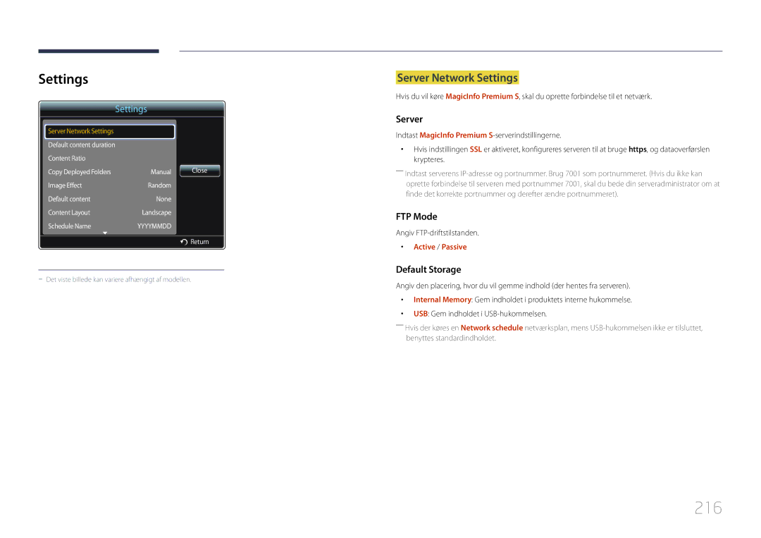 Samsung LH95MECPLBC/EN manual 216, Settings 