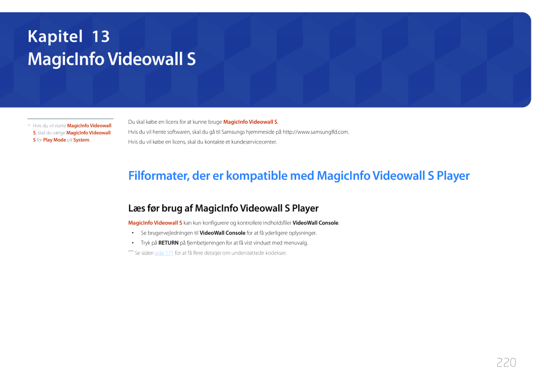 Samsung LH95MECPLBC/EN manual 220, Læs før brug af MagicInfo Videowall S Player 