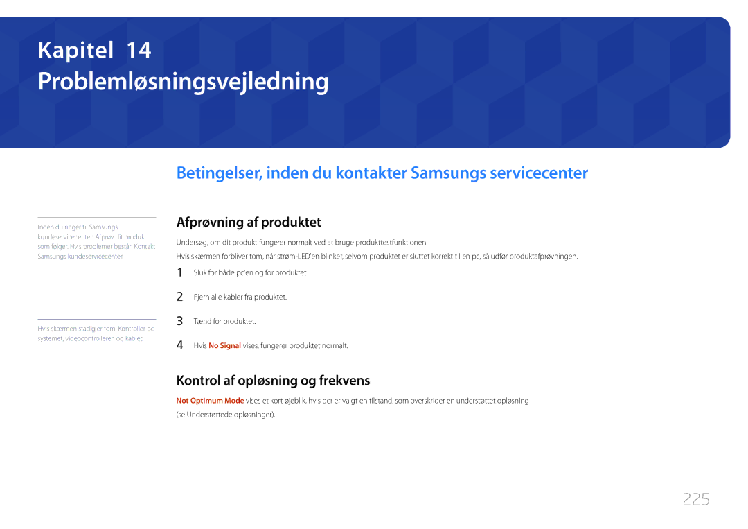 Samsung LH95MECPLBC/EN manual Problemløsningsvejledning, Betingelser, inden du kontakter Samsungs servicecenter, 225 