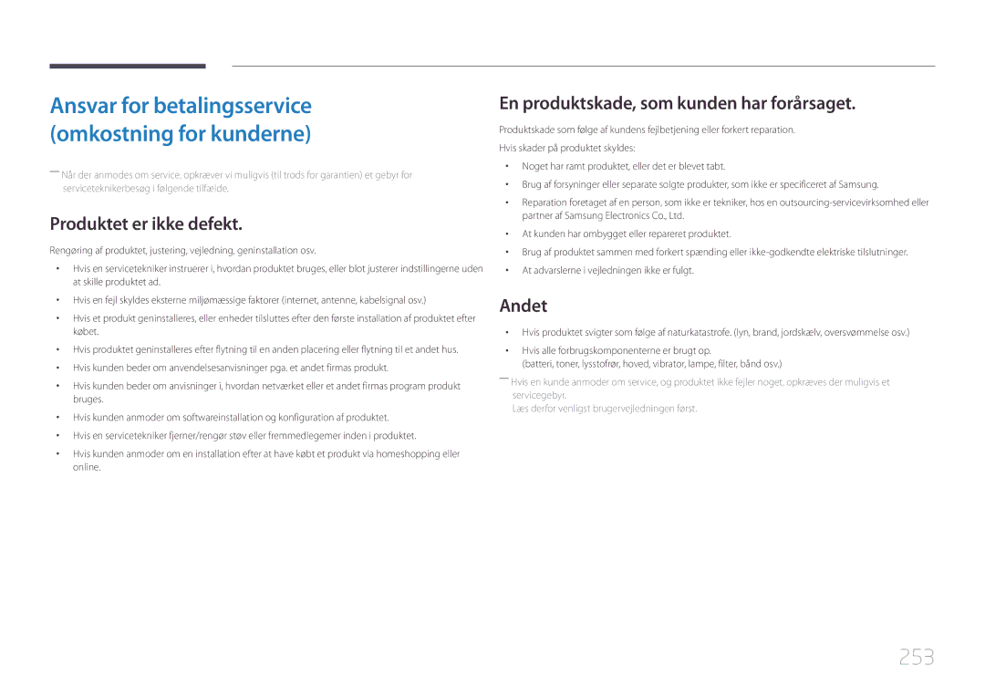 Samsung LH95MECPLBC/EN manual 253, Produktet er ikke defekt, En produktskade, som kunden har forårsaget, Andet 