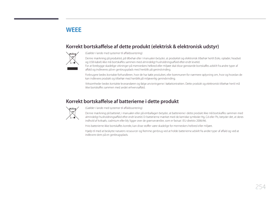 Samsung LH95MECPLBC/EN manual 254, Korrekt bortskaffelse af batterierne i dette produkt 