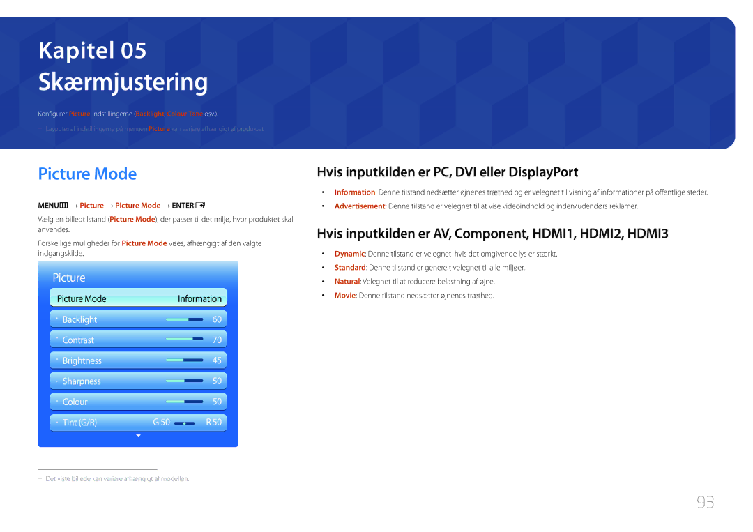 Samsung LH95MECPLBC/EN manual Skærmjustering, Picture Mode, Hvis inputkilden er PC, DVI eller DisplayPort 