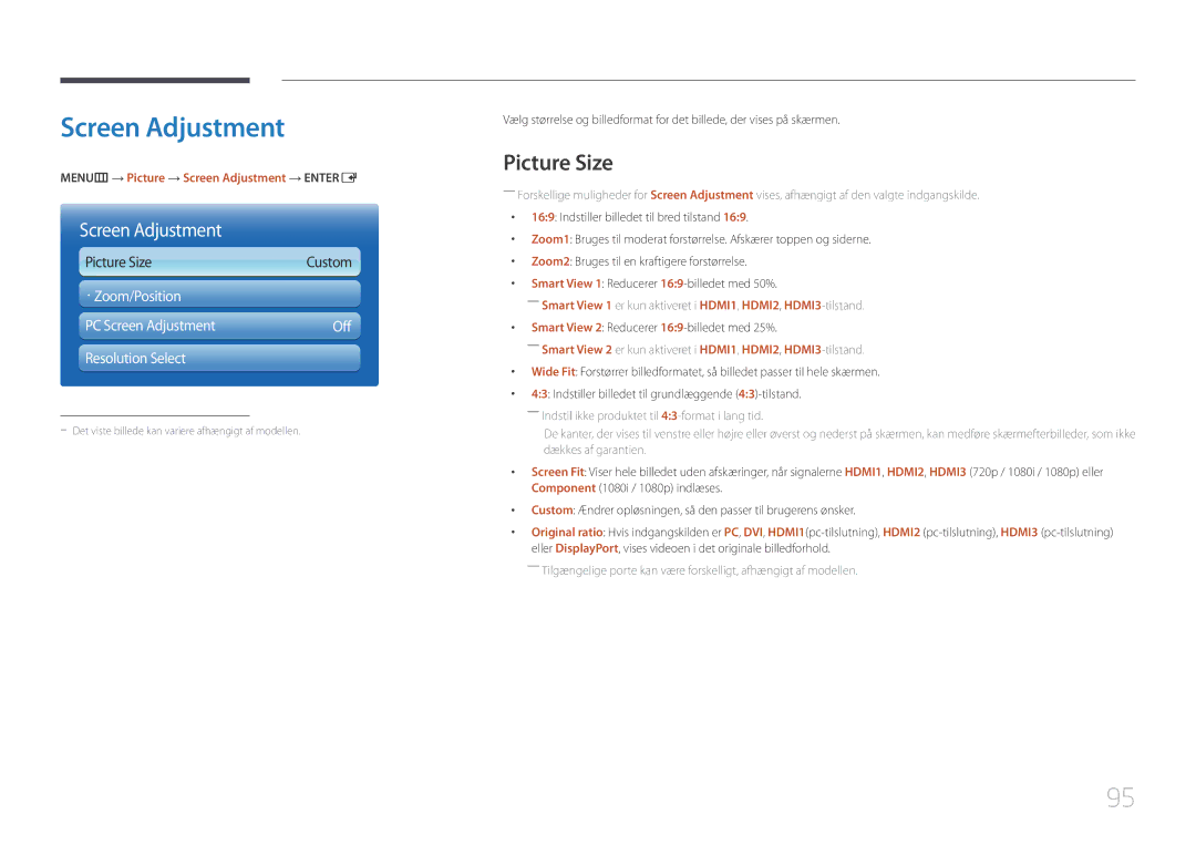 Samsung LH95MECPLBC/EN manual Picture Size, MENUm → Picture → Screen Adjustment → Entere 