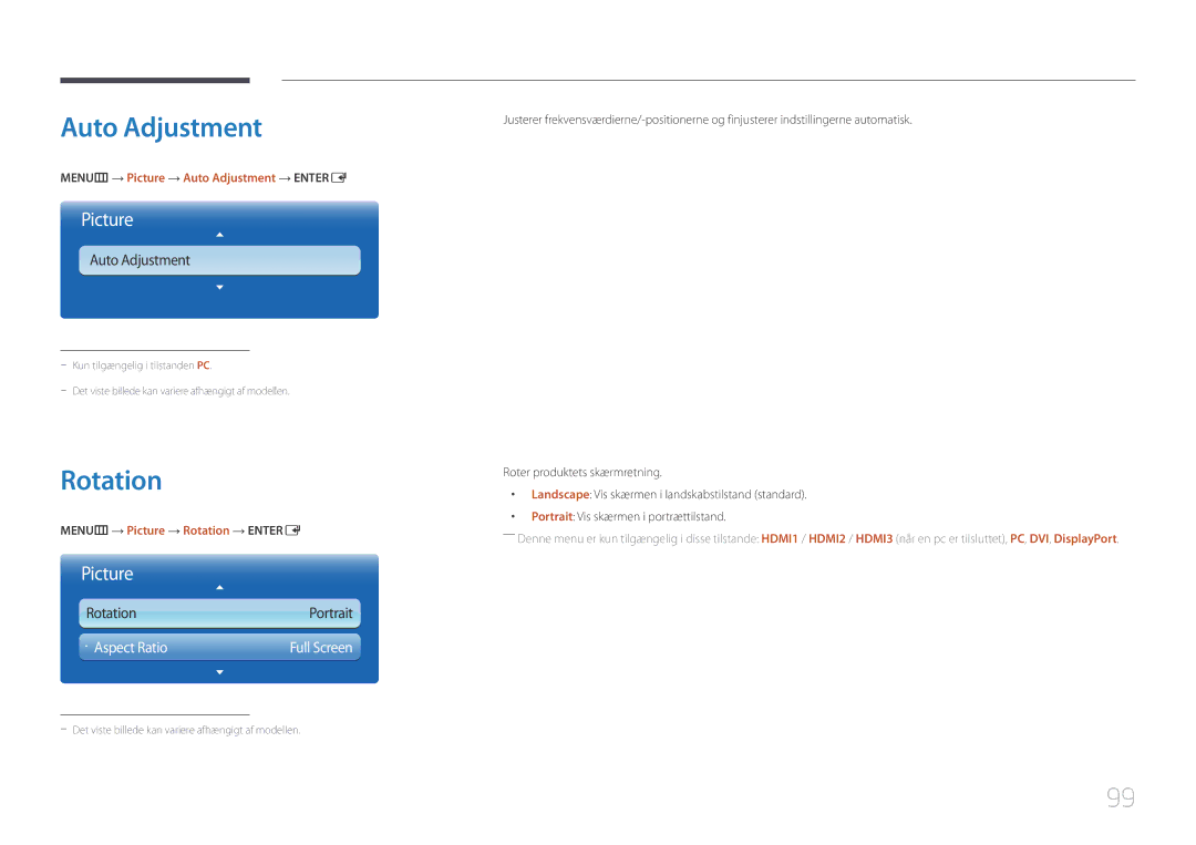 Samsung LH95MECPLBC/EN manual MENUm → Picture → Auto Adjustment → Entere, MENUm → Picture → Rotation → Entere 