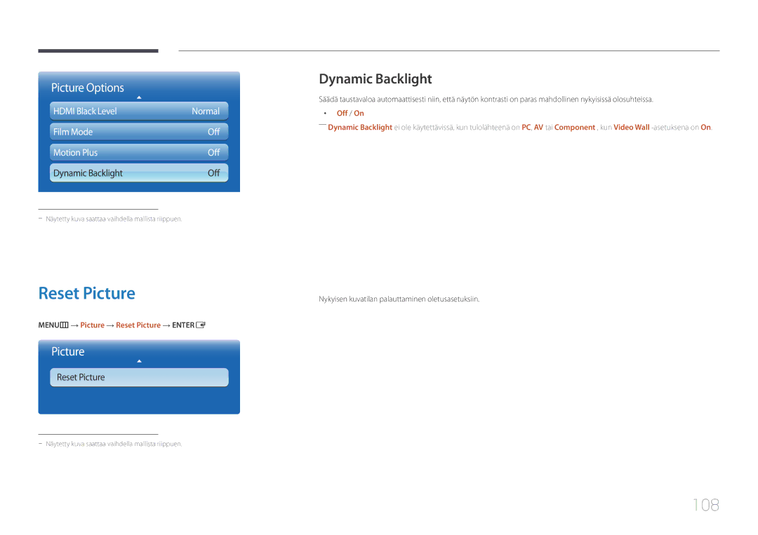 Samsung LH95MECPLBC/EN manual 108, Dynamic Backlight, MENUm → Picture → Reset Picture → Entere 