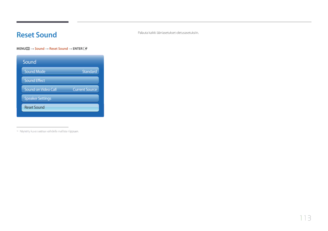 Samsung LH95MECPLBC/EN manual Reset Sound, 113, Palauta kaikki ääniasetukset oletusasetuksiin 