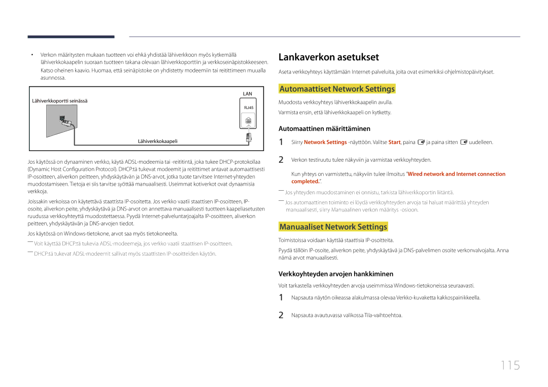 Samsung LH95MECPLBC/EN manual 115, Lankaverkon asetukset, Automaattiset Network Settings, Manuaaliset Network Settings 