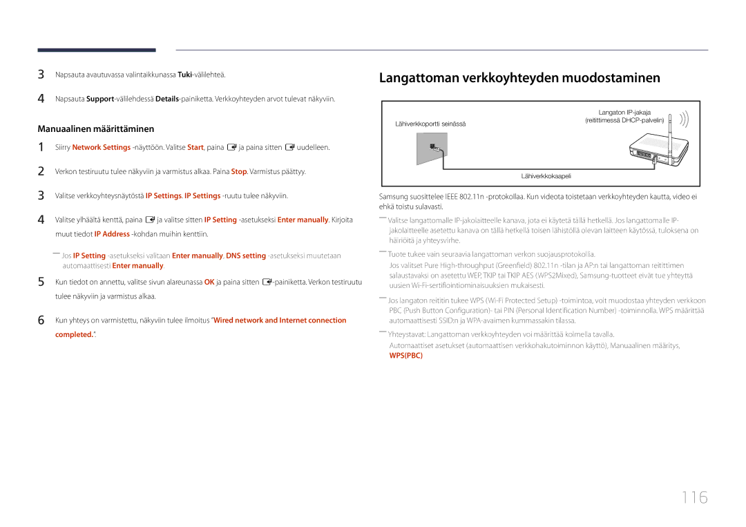 Samsung LH95MECPLBC/EN manual 116, Langattoman verkkoyhteyden muodostaminen, Completed 