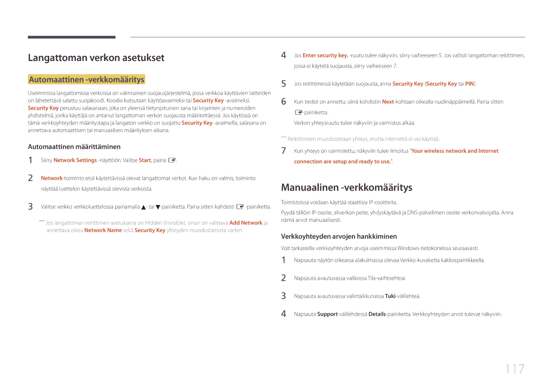 Samsung LH95MECPLBC/EN manual 117, Langattoman verkon asetukset, Manuaalinen -verkkomääritys, Automaattinen -verkkomääritys 