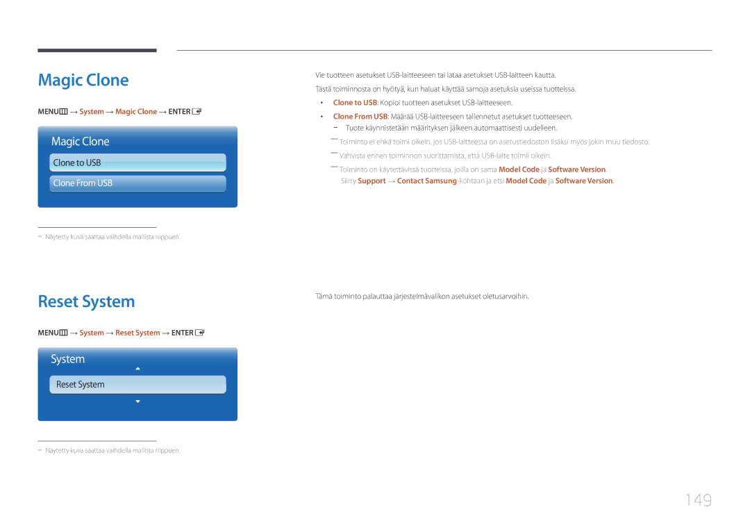 Samsung LH95MECPLBC/EN manual Magic Clone, Reset System, 149 