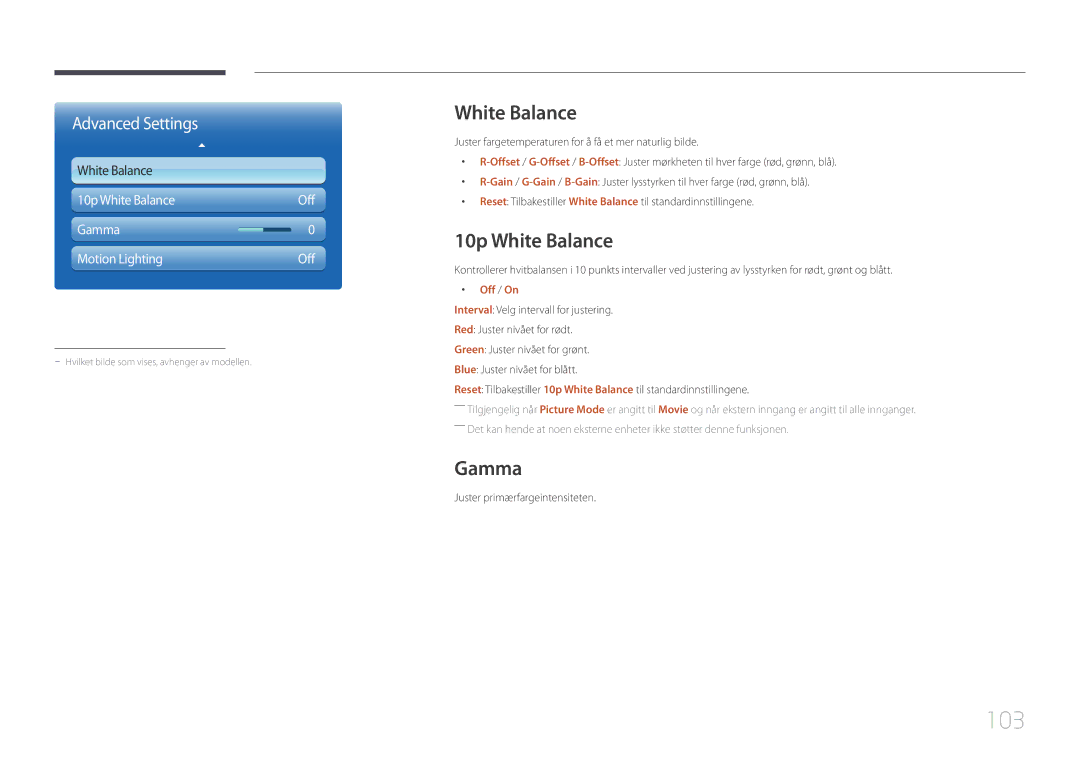Samsung LH95MECPLBC/EN manual 103, 10p White Balance, Gamma, Off / On 