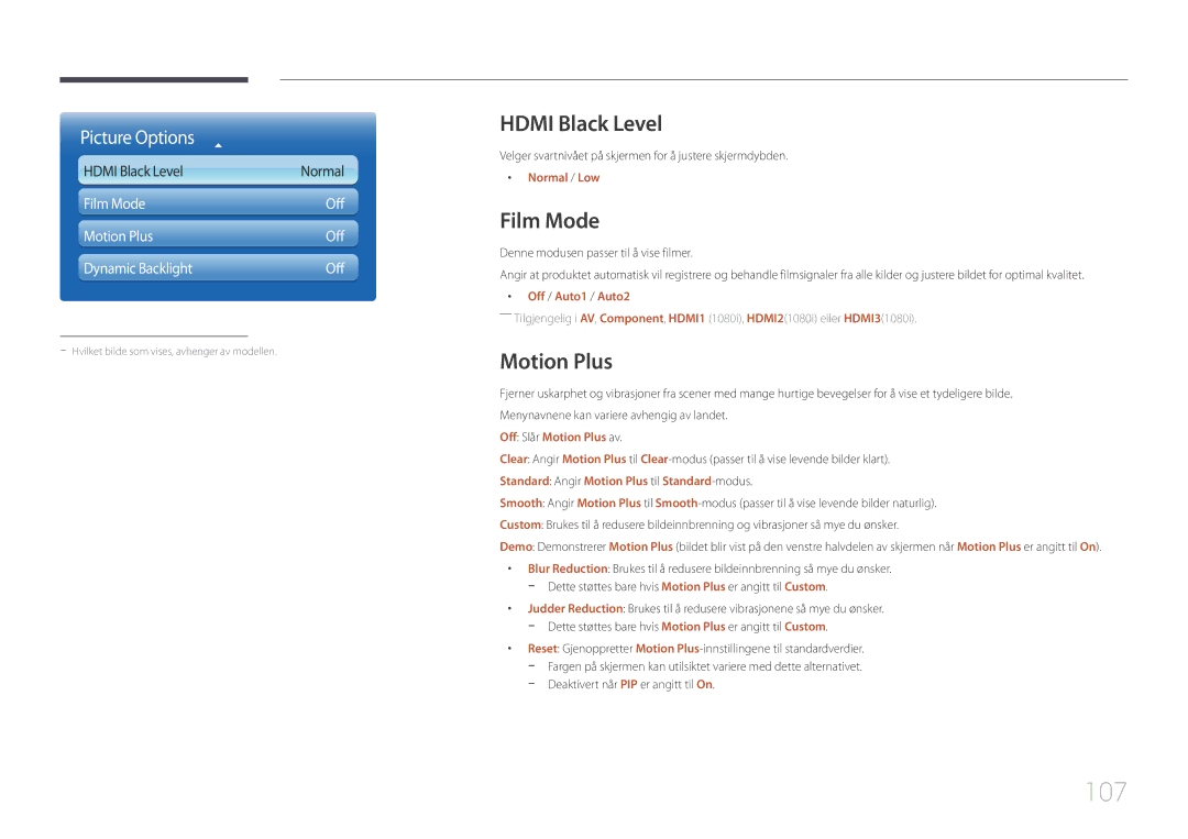 Samsung LH95MECPLBC/EN manual 107, Hdmi Black Level, Film Mode, Motion Plus 