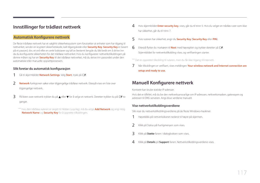 Samsung LH95MECPLBC/EN manual 117, Innstillinger for trådløst nettverk, Manuell Konfigurere nettverk 