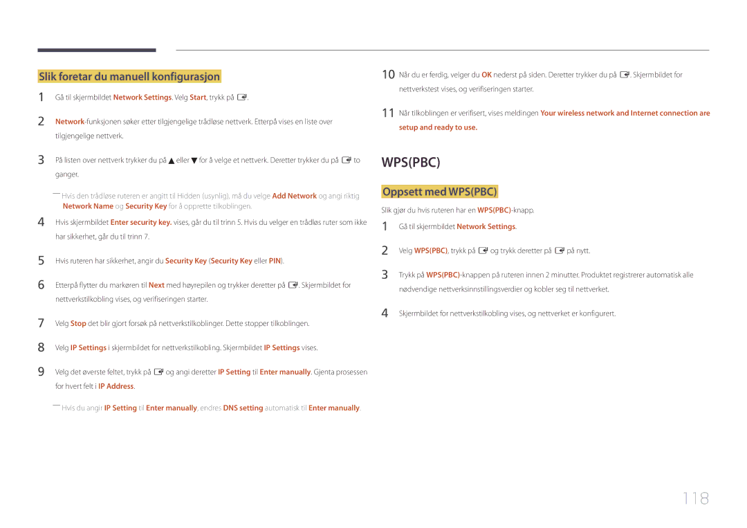 Samsung LH95MECPLBC/EN manual 118, Slik foretar du manuell konfigurasjon, Oppsett med Wpspbc 