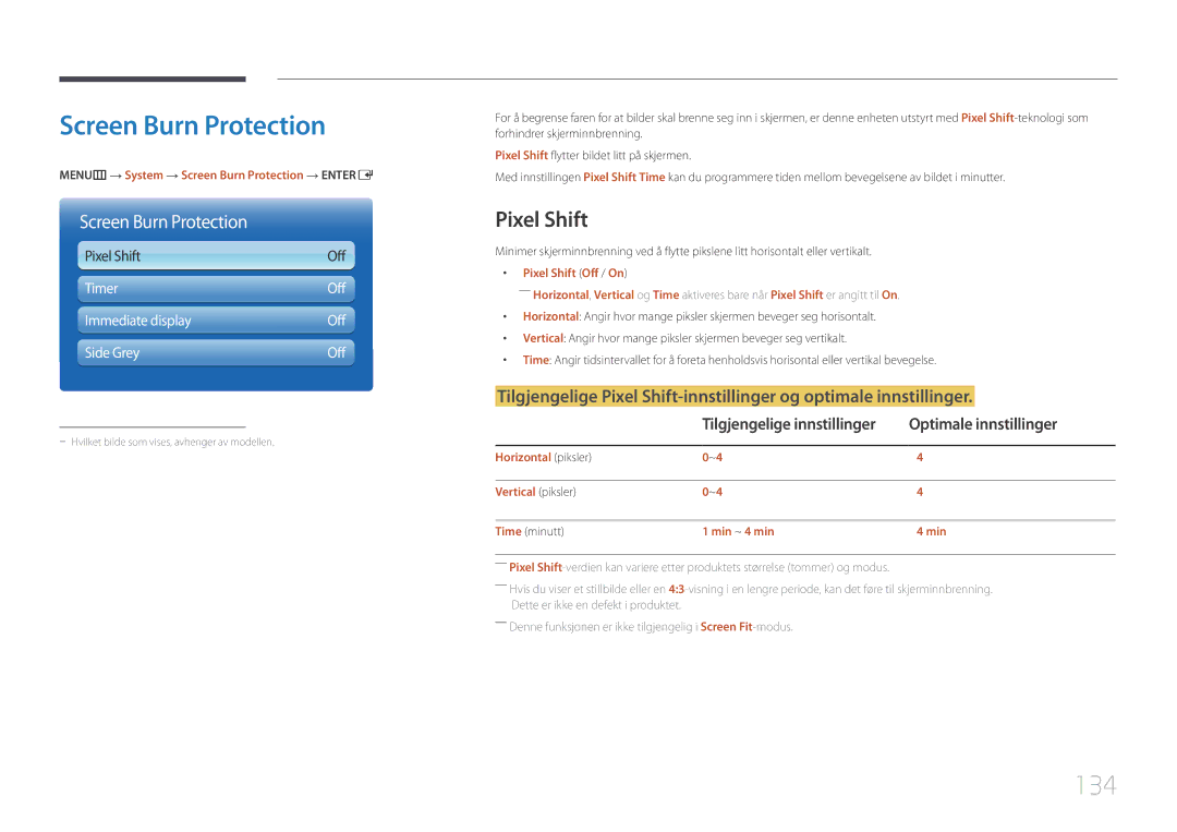 Samsung LH95MECPLBC/EN manual Screen Burn Protection, 134, Pixel Shift, Optimale innstillinger 