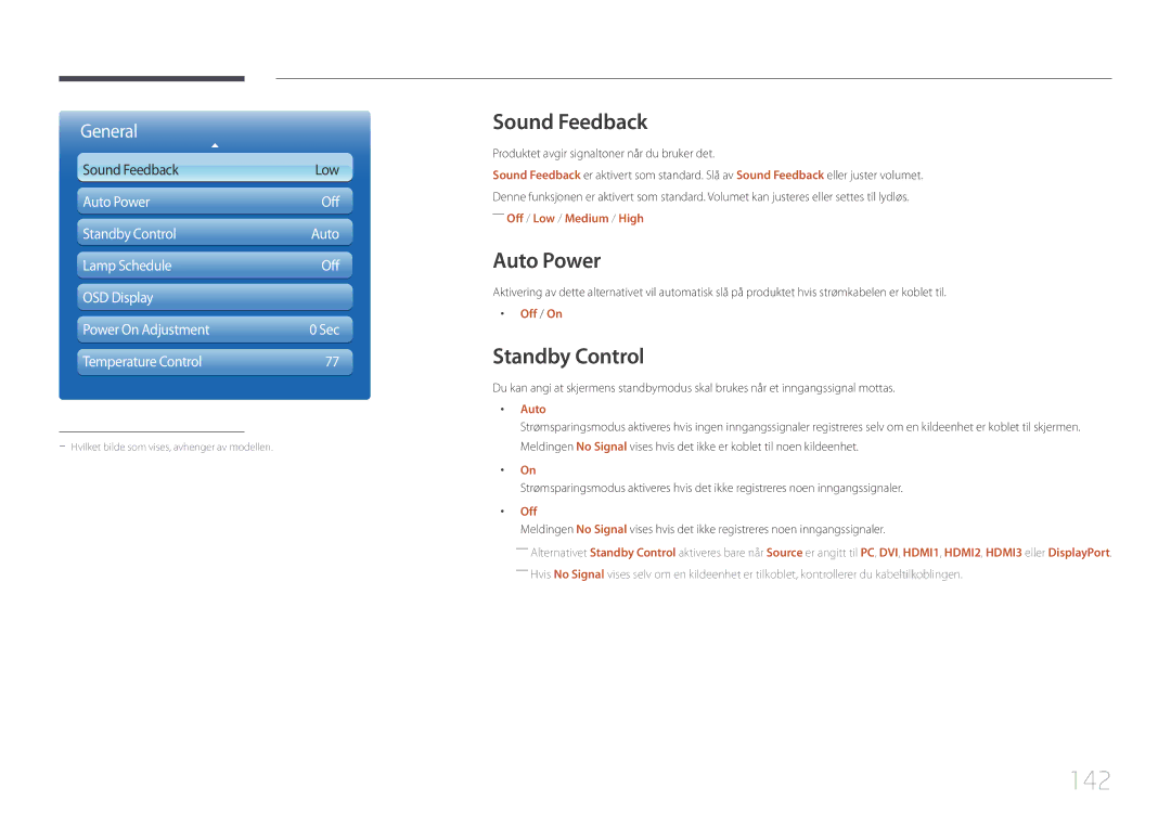 Samsung LH95MECPLBC/EN manual 142, Sound Feedback, Auto Power, Standby Control 