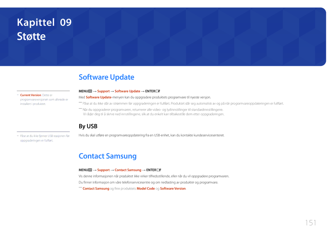 Samsung LH95MECPLBC/EN manual Støtte, Software Update, Contact Samsung, 151, By USB 