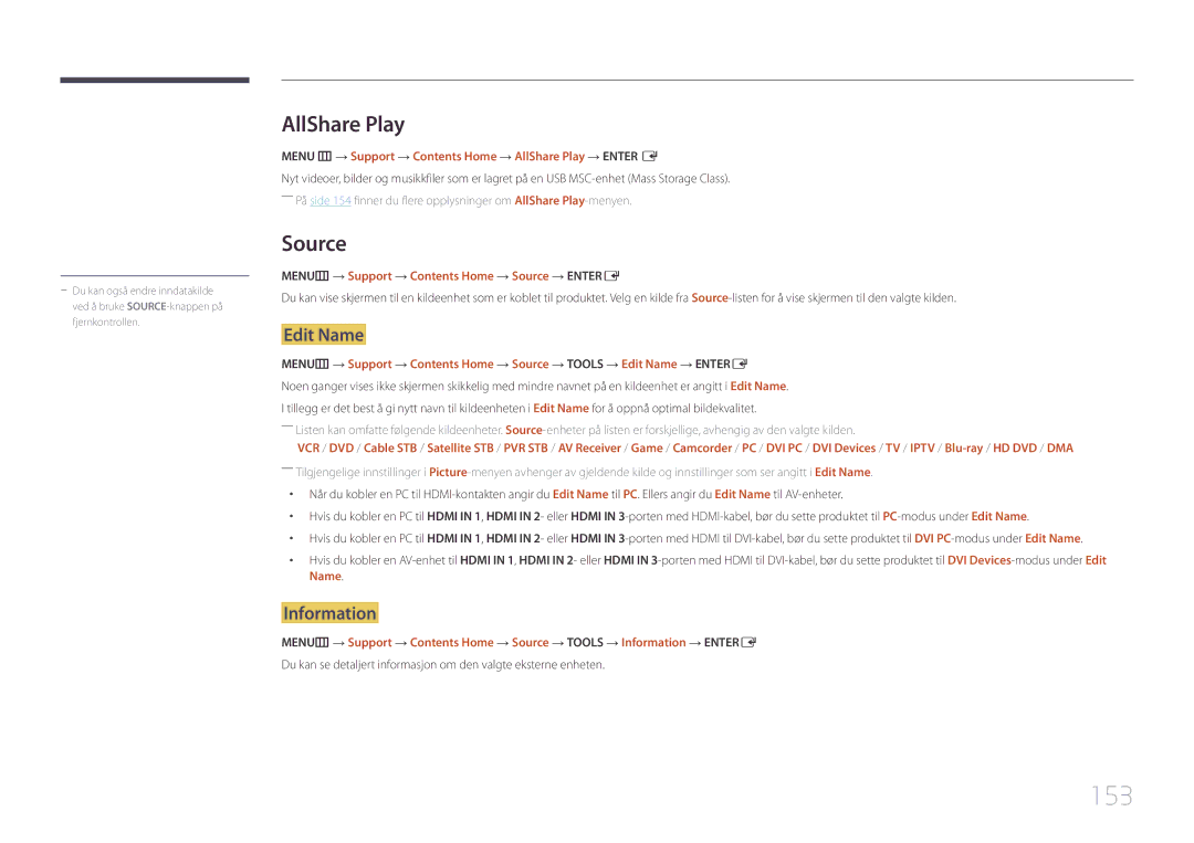 Samsung LH95MECPLBC/EN manual 153, AllShare Play, Edit Name, Information 