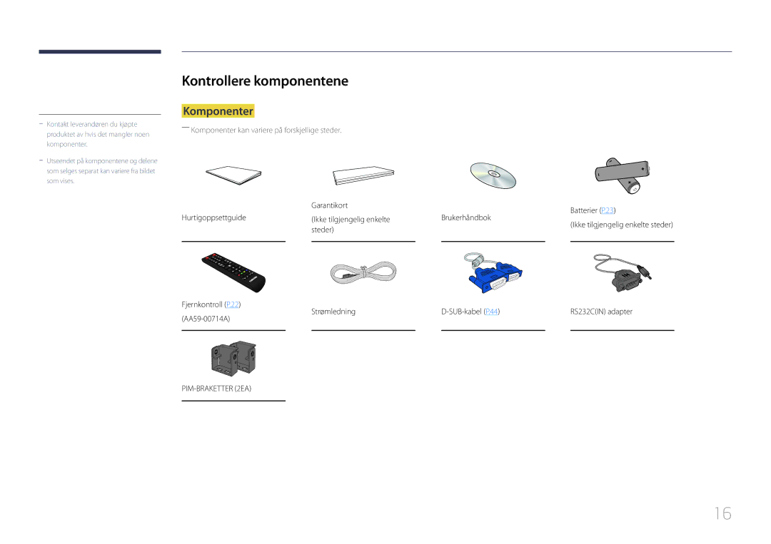 Samsung LH95MECPLBC/EN manual Kontrollere komponentene, Komponenter 