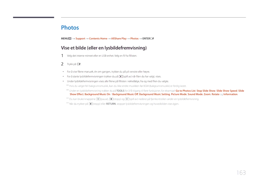 Samsung LH95MECPLBC/EN manual Photos, 163, Vise et bilde eller en lysbildefremvisning 