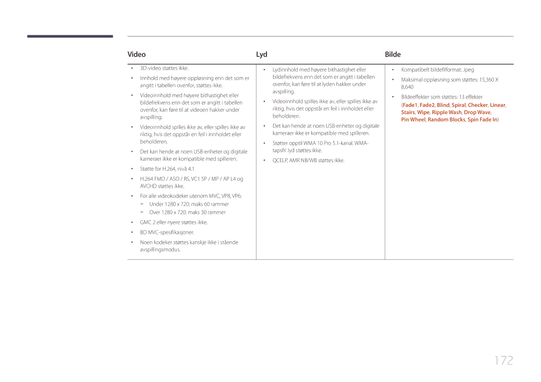 Samsung LH95MECPLBC/EN manual 172, Video Lyd, 3D-video støttes ikke 