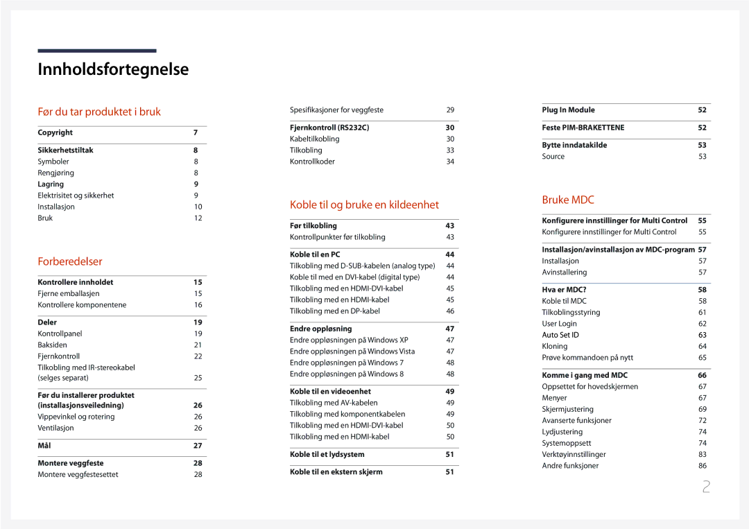 Samsung LH95MECPLBC/EN manual Innholdsfortegnelse 