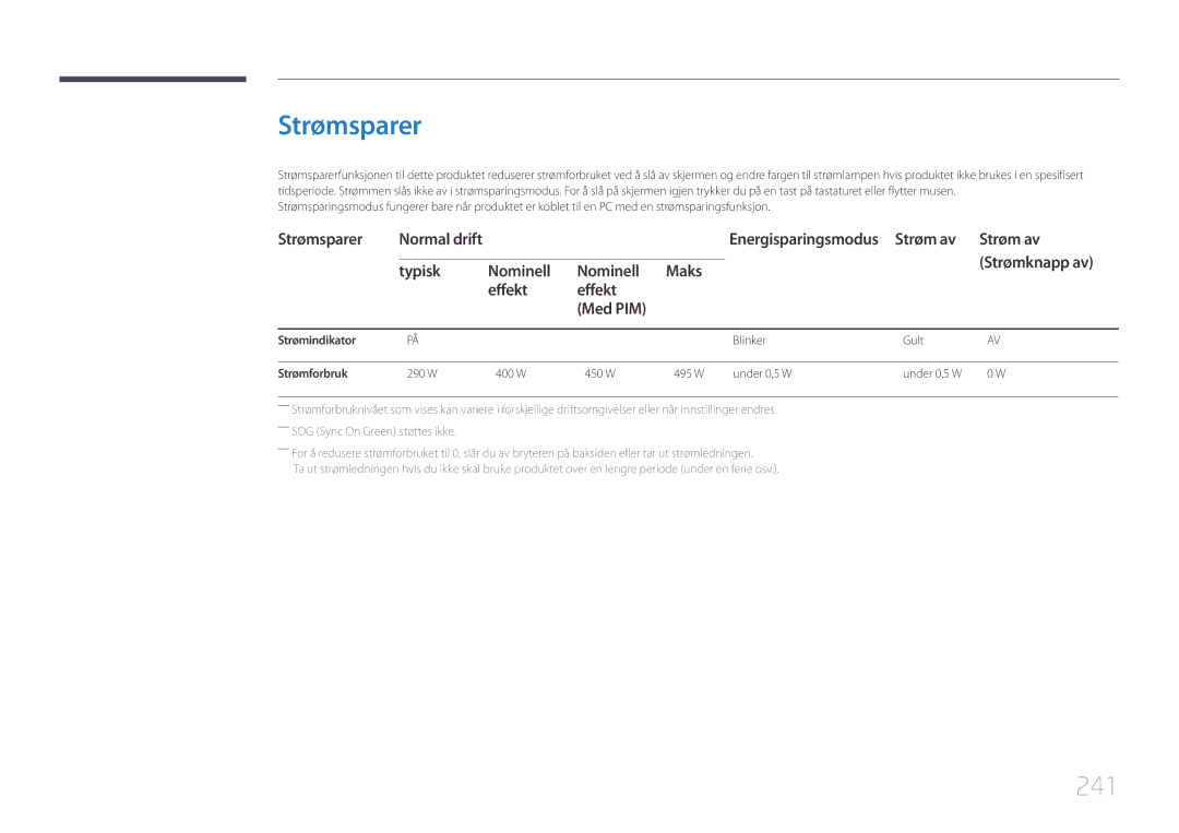 Samsung LH95MECPLBC/EN manual Strømsparer, 241, Strøm av Strømknapp av Typisk Nominell Maks Effekt Med PIM 