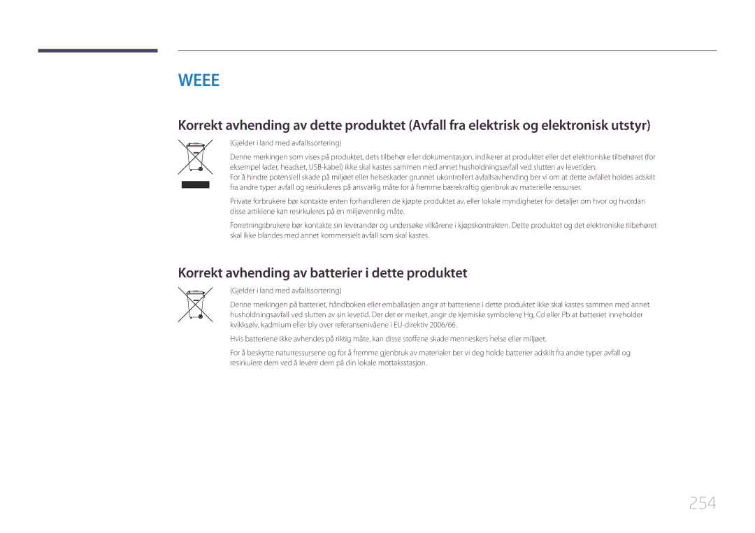 Samsung LH95MECPLBC/EN manual 254, Korrekt avhending av batterier i dette produktet, Gjelder i land med avfallssortering 