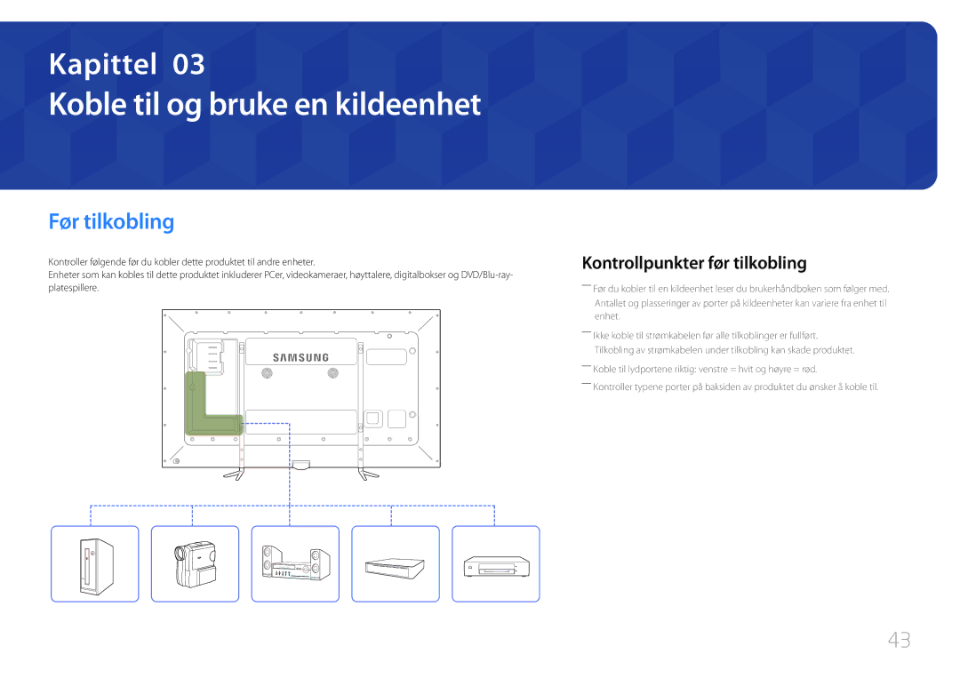 Samsung LH95MECPLBC/EN manual Koble til og bruke en kildeenhet, Før tilkobling, Kontrollpunkter før tilkobling 