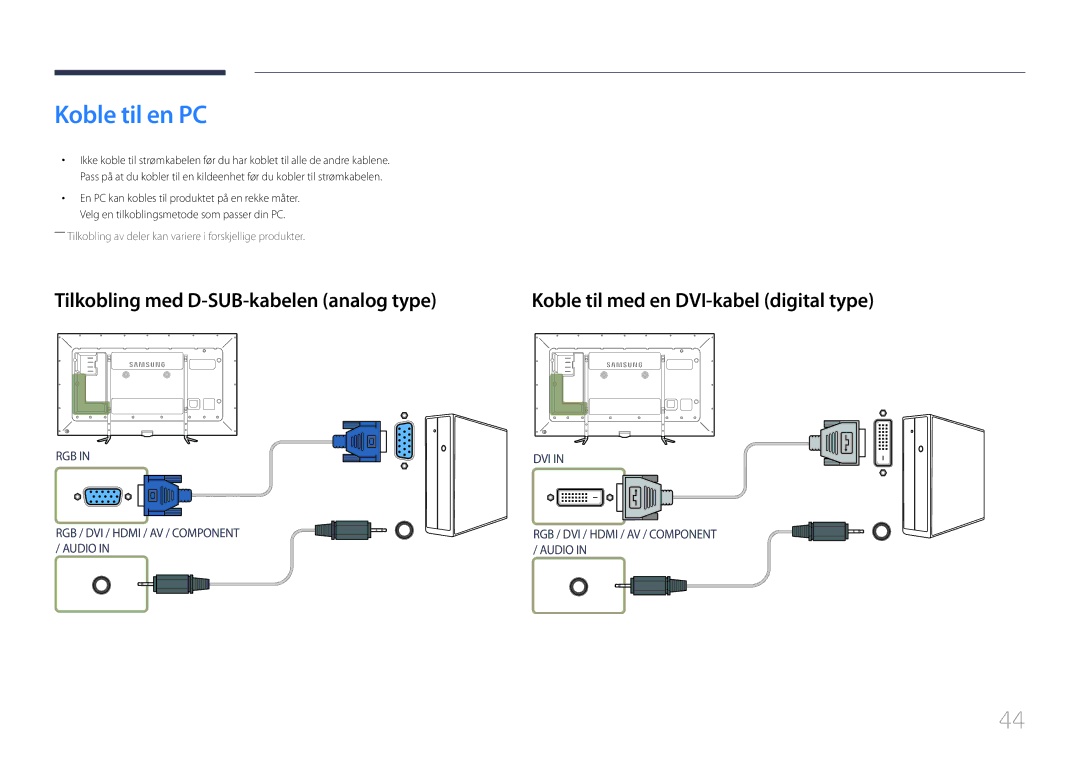 Samsung LH95MECPLBC/EN Koble til en PC, Tilkobling med D-SUB-kabelen analog type, Koble til med en DVI-kabel digital type 