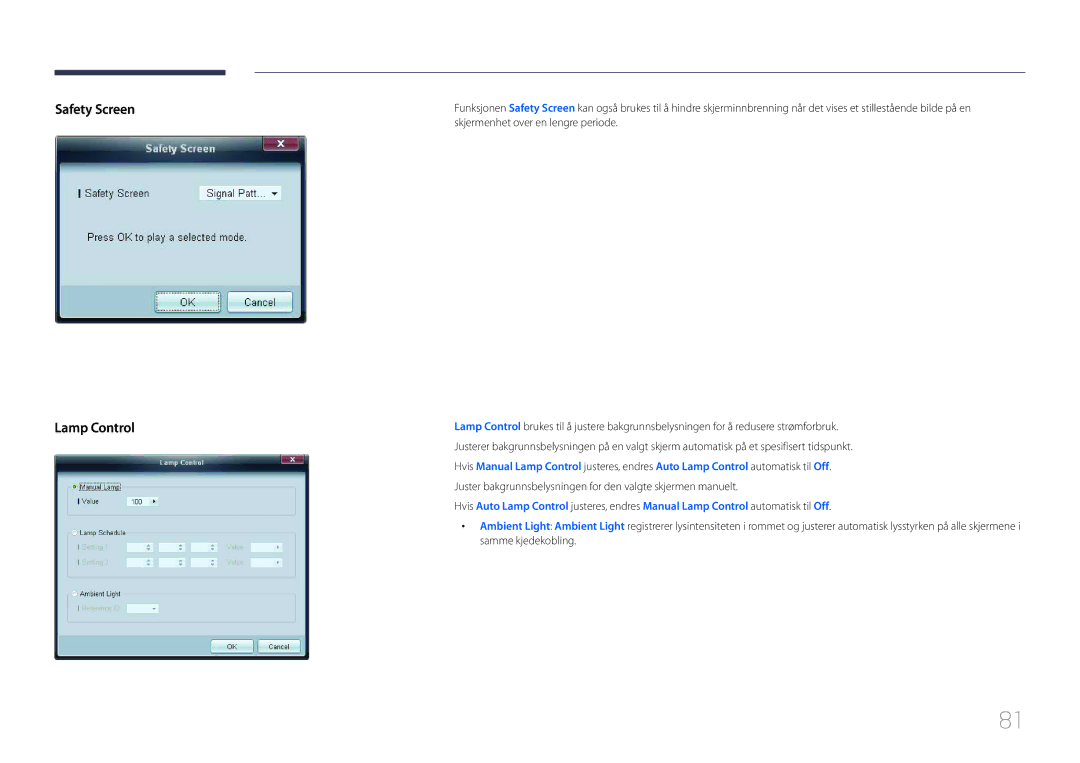 Samsung LH95MECPLBC/EN manual Safety Screen Lamp Control, Juster bakgrunnsbelysningen for den valgte skjermen manuelt 