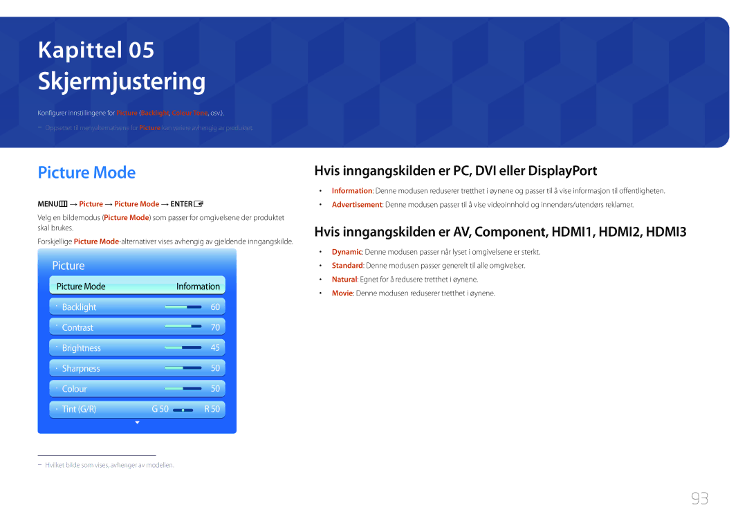 Samsung LH95MECPLBC/EN manual Skjermjustering, Picture Mode, Hvis inngangskilden er PC, DVI eller DisplayPort 