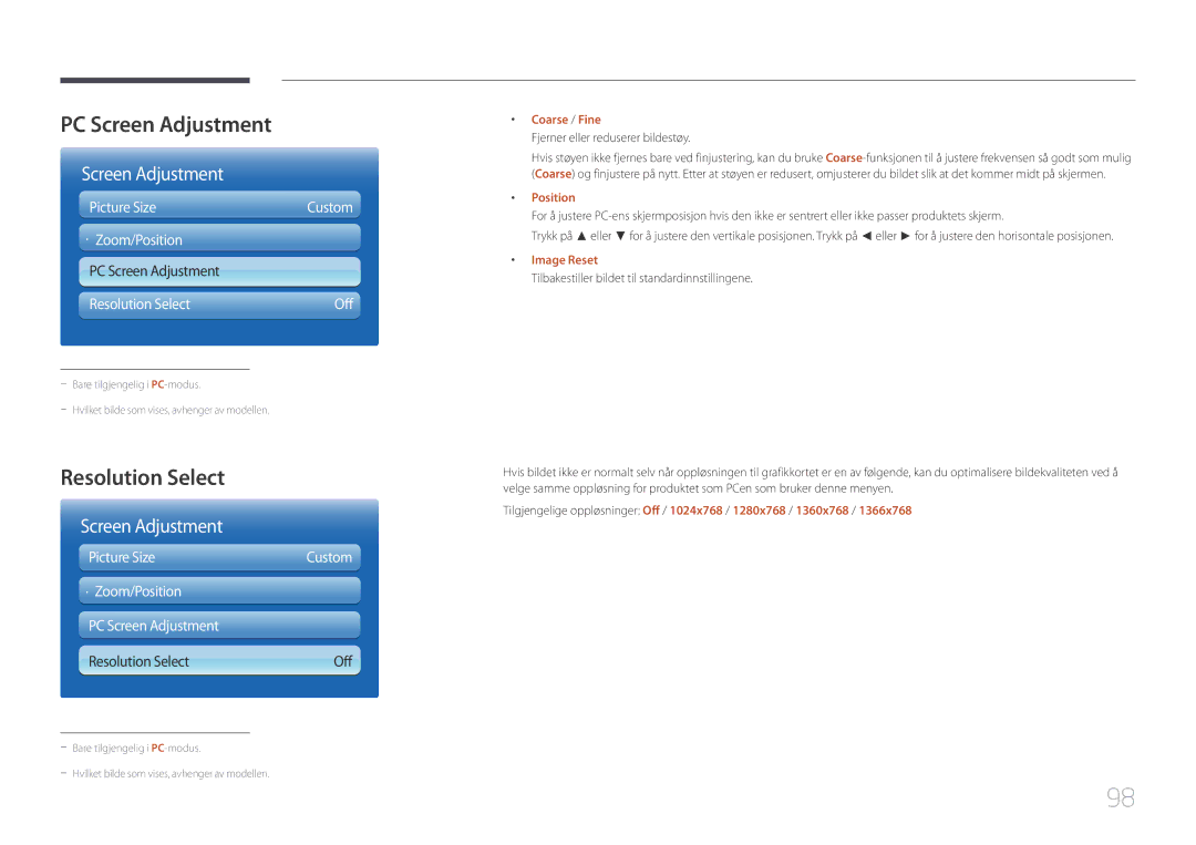 Samsung LH95MECPLBC/EN manual PC Screen Adjustment, Resolution Select, Coarse / Fine, Position, Image Reset 