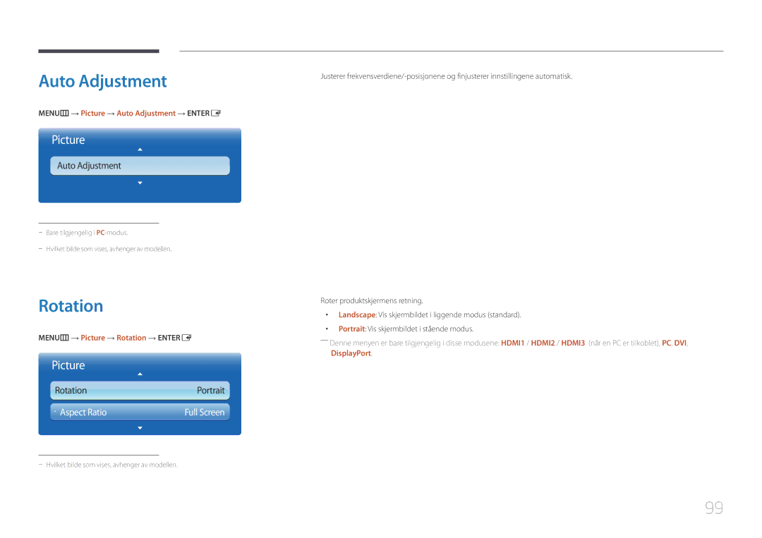 Samsung LH95MECPLBC/EN manual MENUm → Picture → Auto Adjustment → Entere, MENUm → Picture → Rotation → Entere 