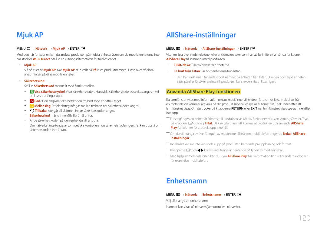 Samsung LH95MECPLBC/EN manual Mjuk AP, Enhetsnamn, 120, Använda AllShare Play-funktionen 